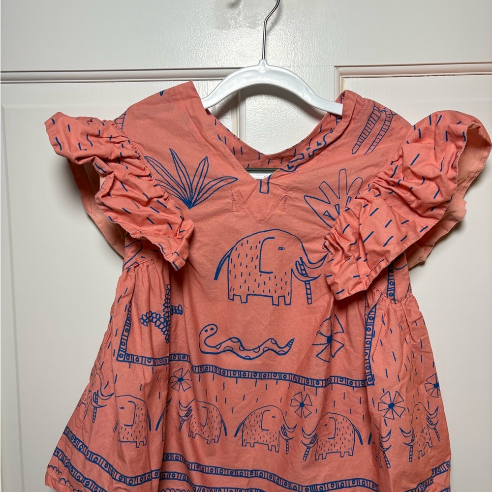 Coral Elephant Print Ruffle Sleeve Dress